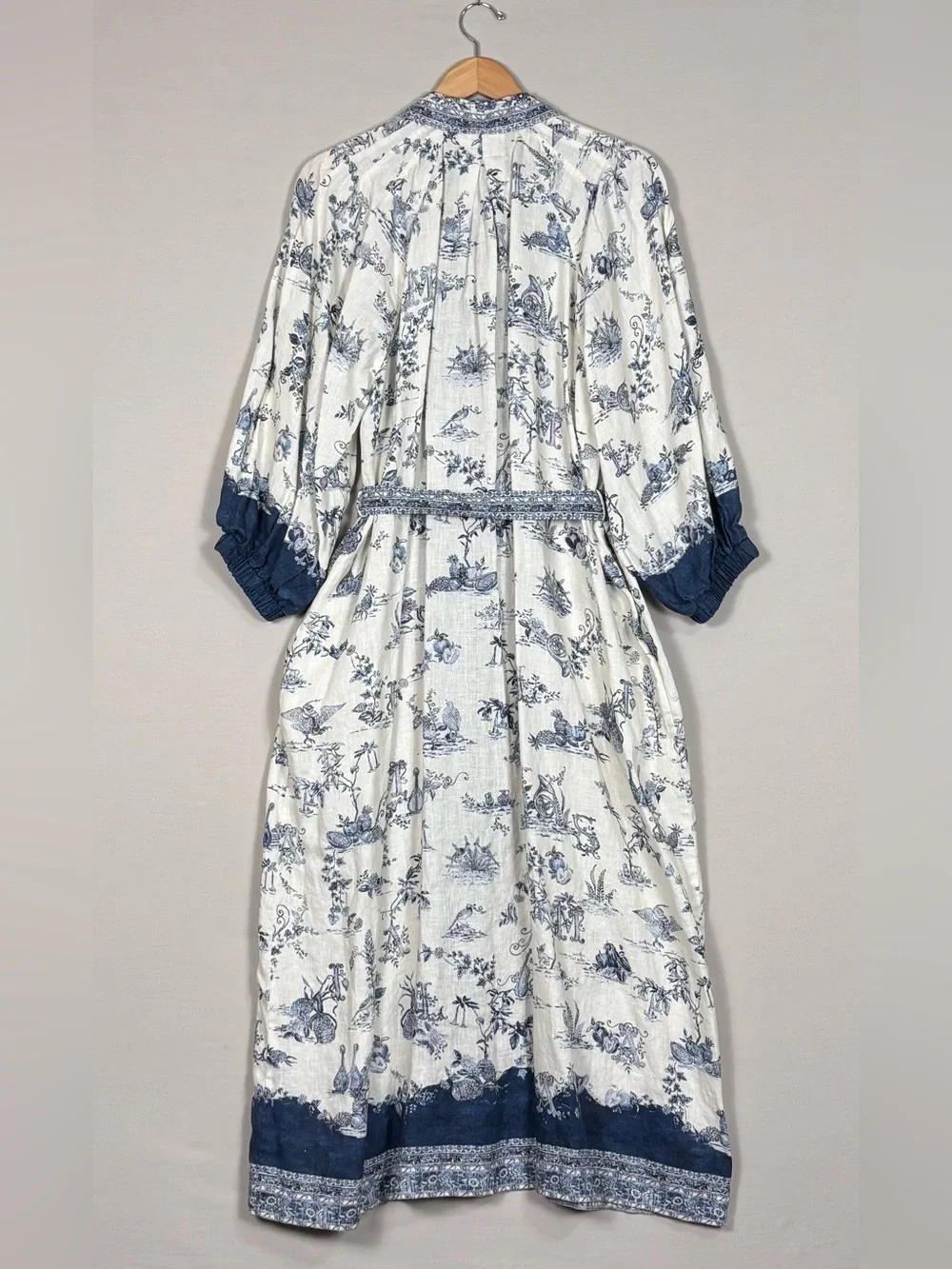 ALEMAIS Linen Toile Print Belted Maxi Dress Pockets Blue White US 12 - Picture 5 of 7